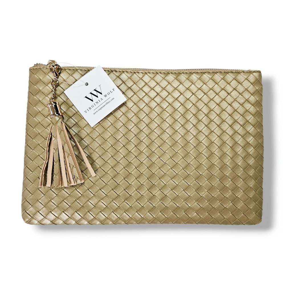 Virginia Wolf‎ Basket Weave Clutch Pouch Zip Top Tassel Metallic Gold One Size